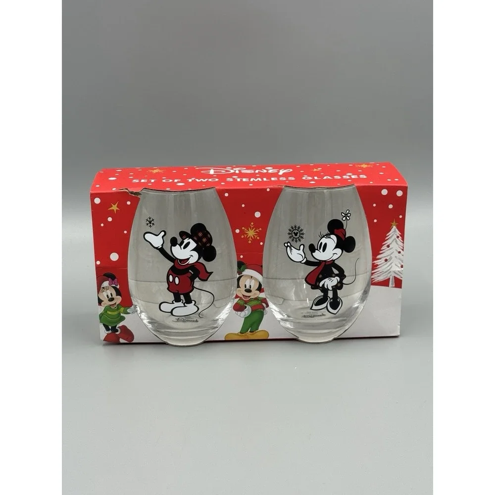 Disney Mickey & Minnie Christmas Holiday Stemless Glasses Set of 2